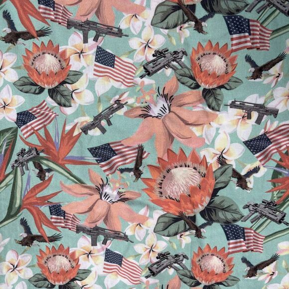 Springfield Armory Hawaiian Shirt Mens Size M Teal Gun American Flag AOP Bullpup - Picture 15 of 16